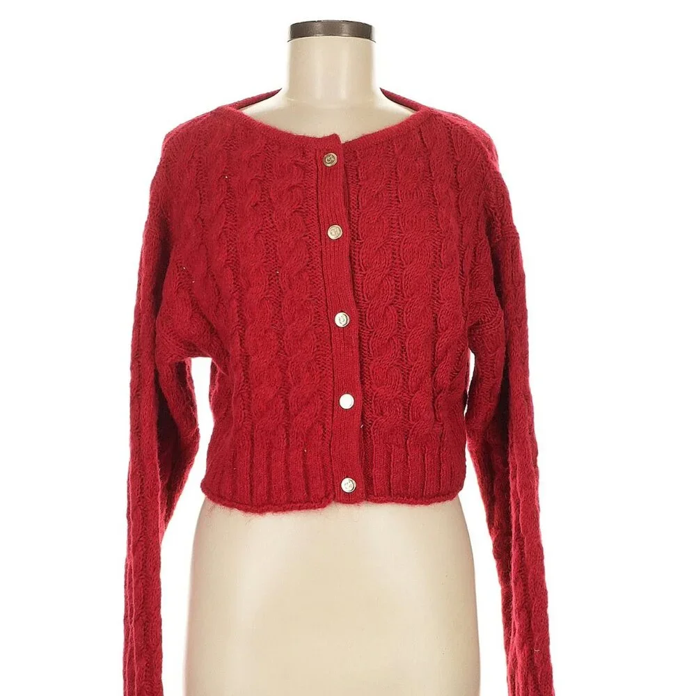 Gap x Cult Gaia Cropped Cable-Knit Cardigan Sweater in Red Medium NWT - Picture 4 of 7